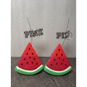 Victoria's Secret PINK Watermelon Shaped Tumbler Cups with Straws‎ Set of 2 RARE